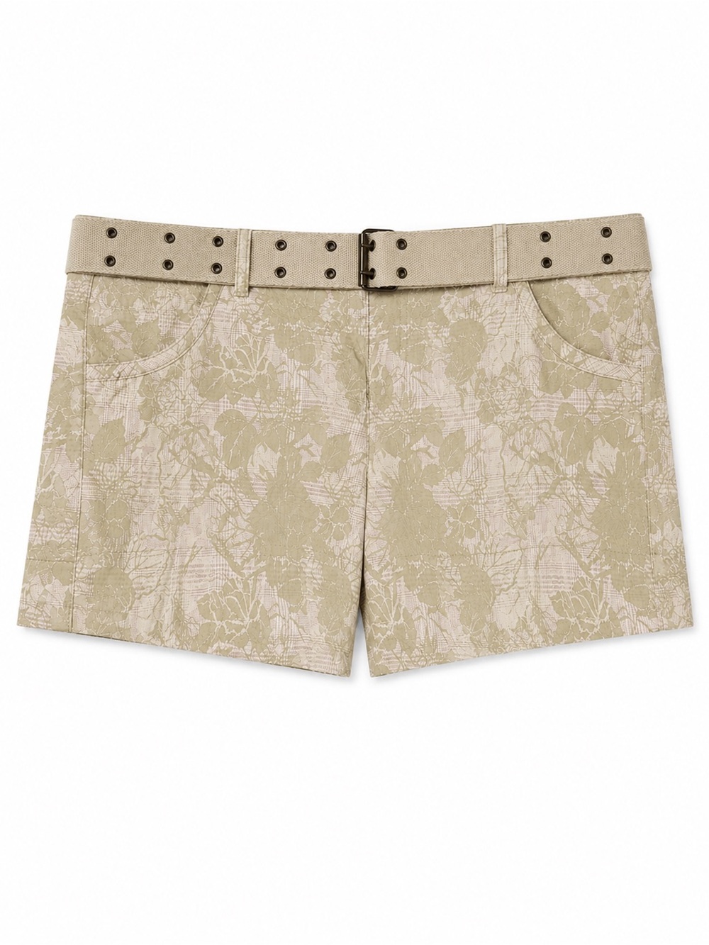 Nobo Floral Plaid Belted Shorts Beige/Sage Green/ Pink Low Rise Stretch 17